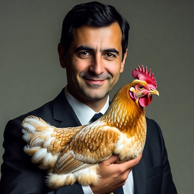 Man in suit holding chicken