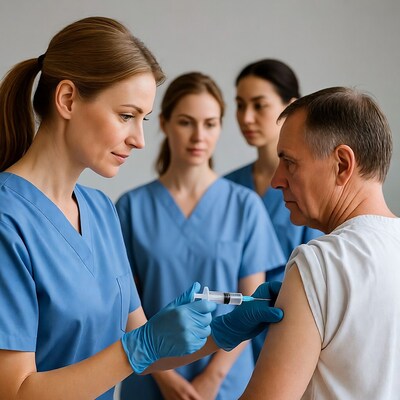 Nurse administering vaccine to elderly man
