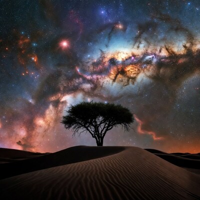 Acacia Tree Under Milky Way Desert