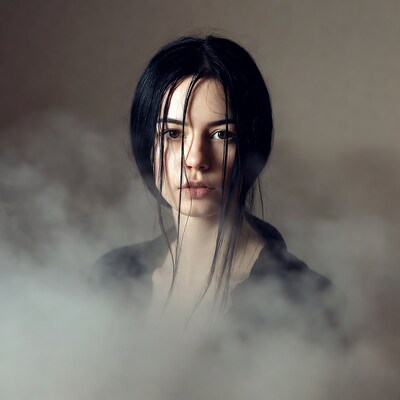 Woman with black hair in mist