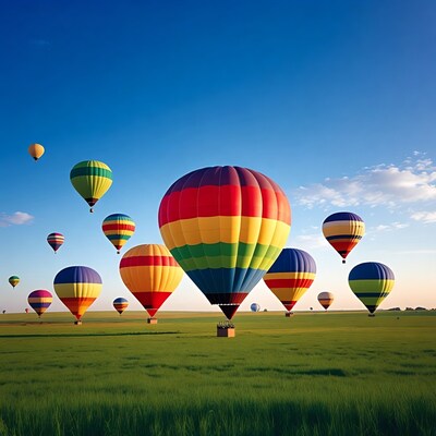 Colorful hot air balloons over green field