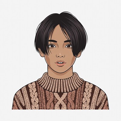 Asian man in turtleneck sweater illustration