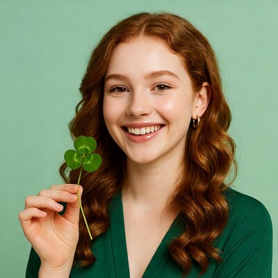 Redhead woman holding four-leaf clover