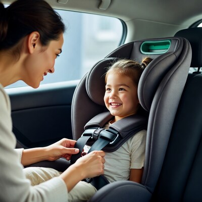 Asian mother buckling toddler in car seat