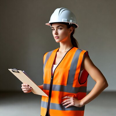 Woman in hard hat with clipboard