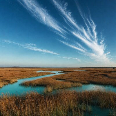 Marshland with turquoise streams and cirrus sky