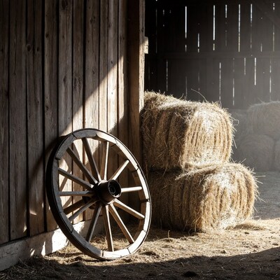 Wooden wagon wheel hay bales barn