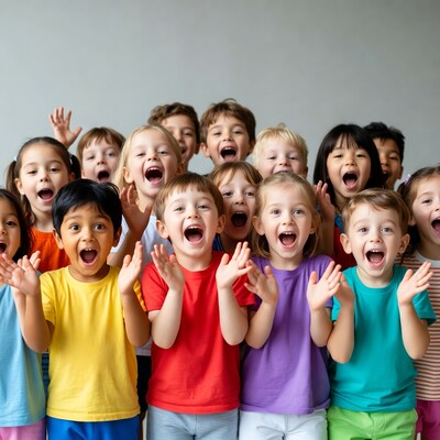 Diverse kids cheering with hands raised