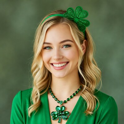 Blonde woman in green shamrock jewelry