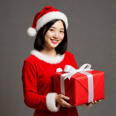 Asian woman in Santa suit holding red gift