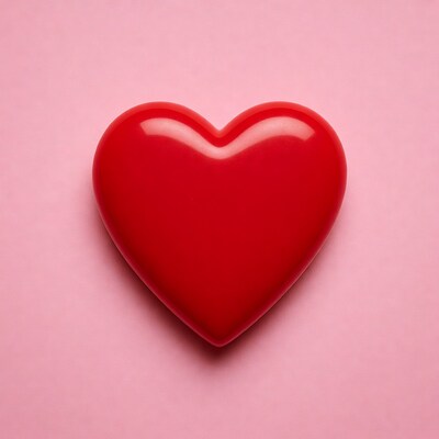 Red glossy heart on pink background