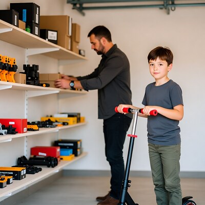 Father and son with scooter in toy garage