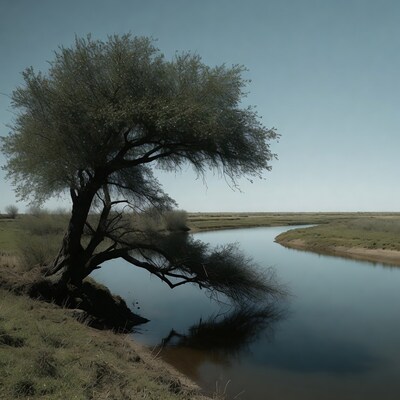 Tree by winding river bank