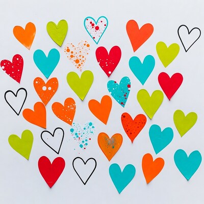 Colorful paper hearts on white background