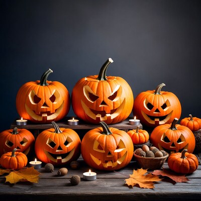Jack-o-Lantern Pumpkins on Wooden Table