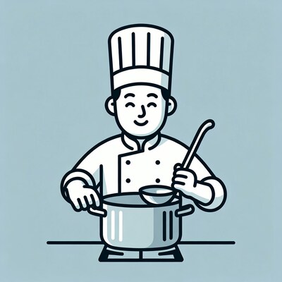 Chef stirring pot with ladle