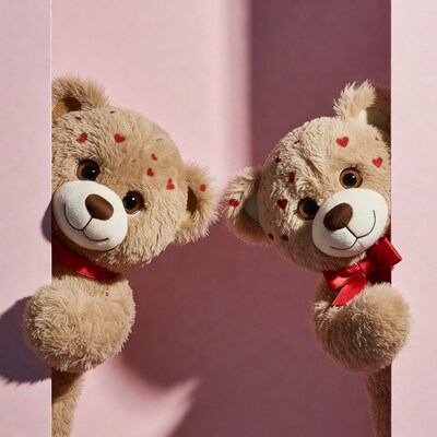 Two teddy bears peeking from pink walls