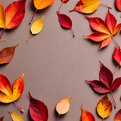 Autumn leaves on gray background