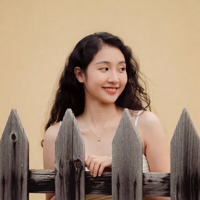 Asian woman leaning on wooden fence