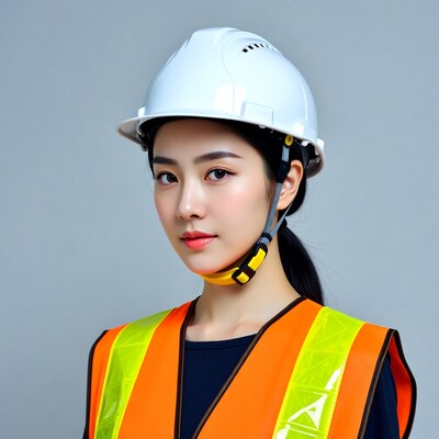 Asian woman in hard hat and vest