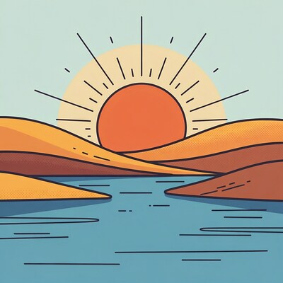 Sunset over mountains and lake illustration