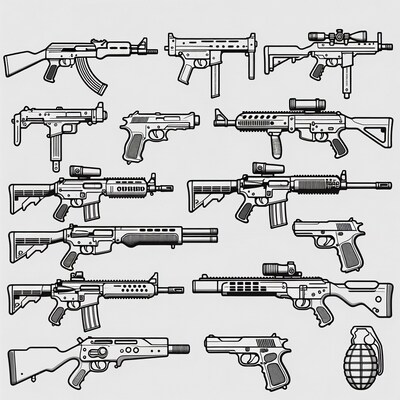 Assortment of Line Art Guns and Grenade