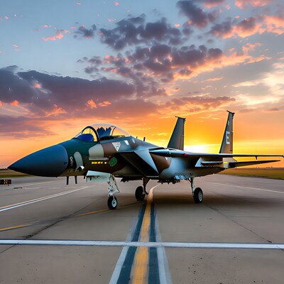 F-15 Fighter Jet on Runway at Sunset
