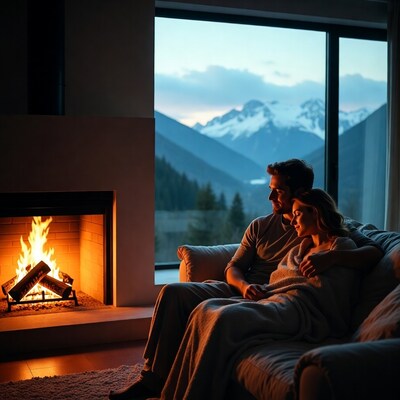 Couple cuddling by fireplace with mountain view