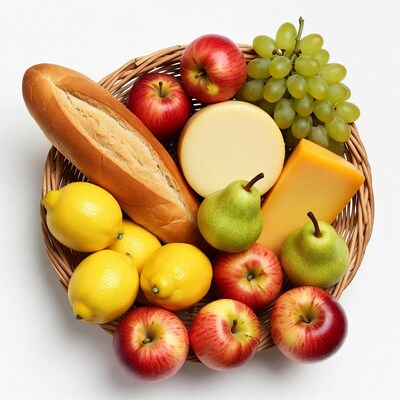 Basket of fresh fruits bread cheese