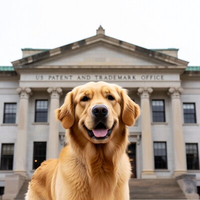 Golden Retriever in front of USPTO building