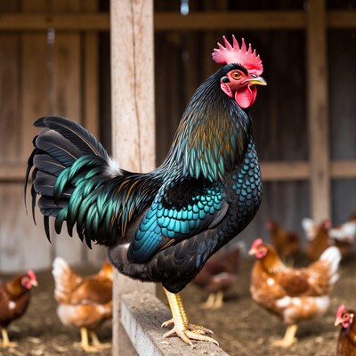 Rooster standing on fence with hens