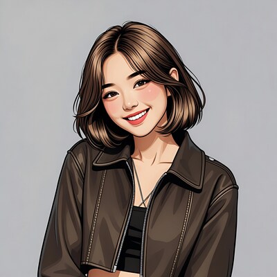 Smiling Asian woman in leather jacket