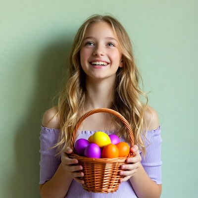 Girl holding Easter basket with eggs