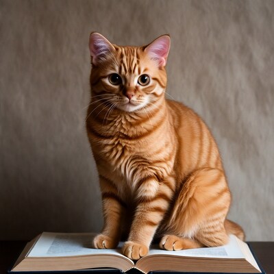Orange tabby cat on open book