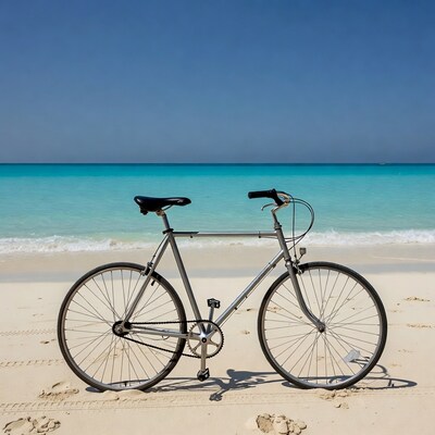 Silver bicycle on tropical beach