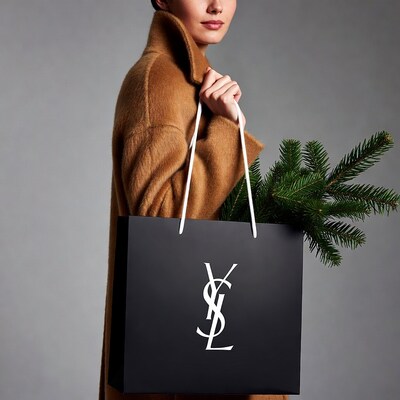 Asian woman holding YSL bag with fir branch
