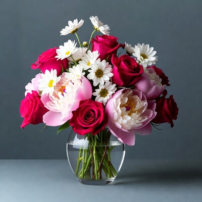 Pink Roses Daisies Peonies in Glass Vase