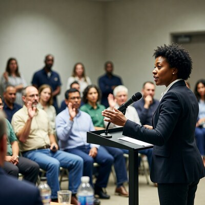 African-American woman speaking at podium