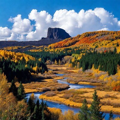 Autumn River Valley with Rock Formation