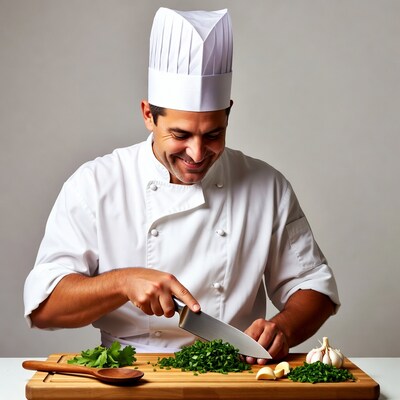 Chef chopping garlic and herbs