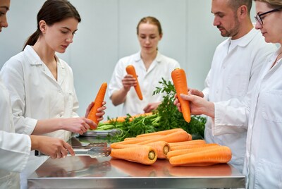 Workers handling carrots in lab coats