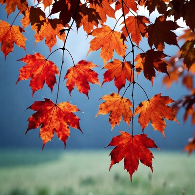 Red maple leaves against blue sky