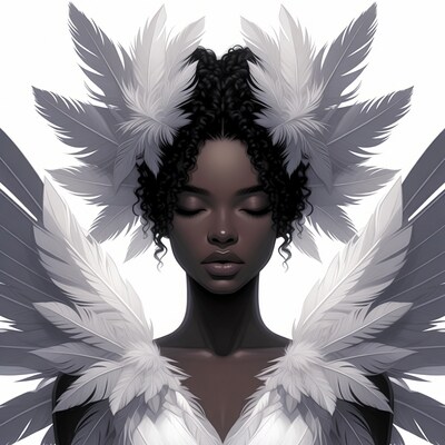 African-American woman with white feathers