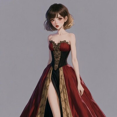 Asian woman in red lace gown