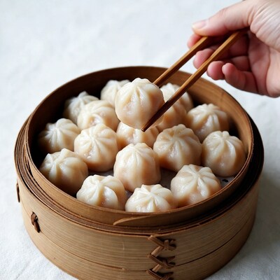 Chopsticks picking dumpling from bamboo steamer