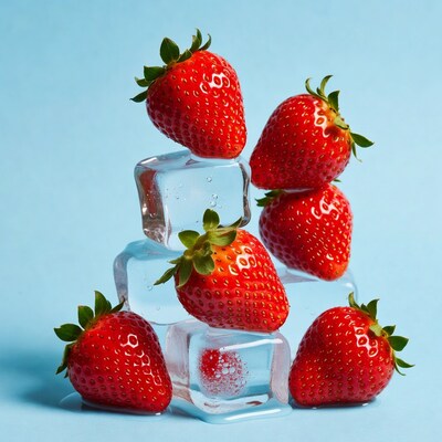 Strawberries stacked on ice cubes
