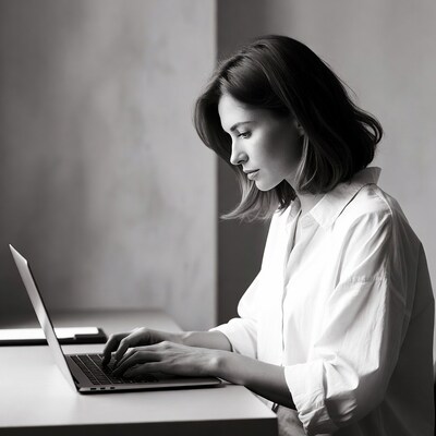 Woman typing on laptop in profile