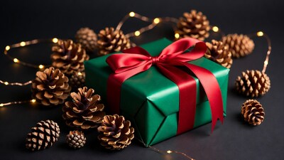 Green gift box with pinecones
