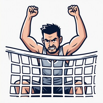 Muscular man jumping over volleyball net