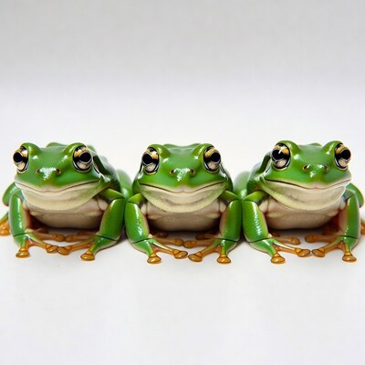 Three Green Tree Frogs on White Background